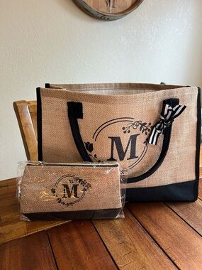 Raffia Tote Bag Tan/Black "M" Embossed with Matching Zipper Pouch NWOT